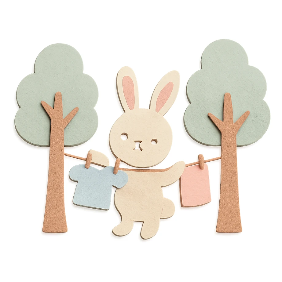 bunny hanging laundry between trees, calming domestic forest feel, soft pastel colors sticker