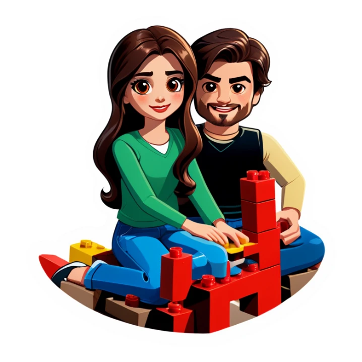 A handsome young man with dark hair, a little heavy sits with his girlfriend with cascading, dark brown hair, flowing down her face as they sit together playing Legos sticker