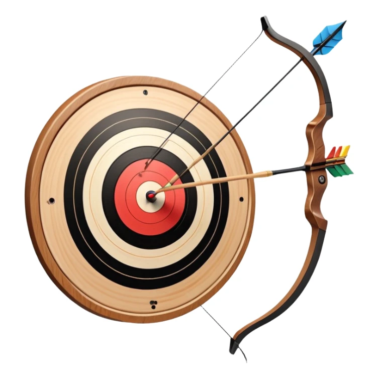A professional recurve bow with an arrow nocked, ready to be released. The target features concentric rings, placed at a distance. The emphasis is on the bow, arrow, and target, highlighting the precision, focus, and skill involved in competitive archery. sticker