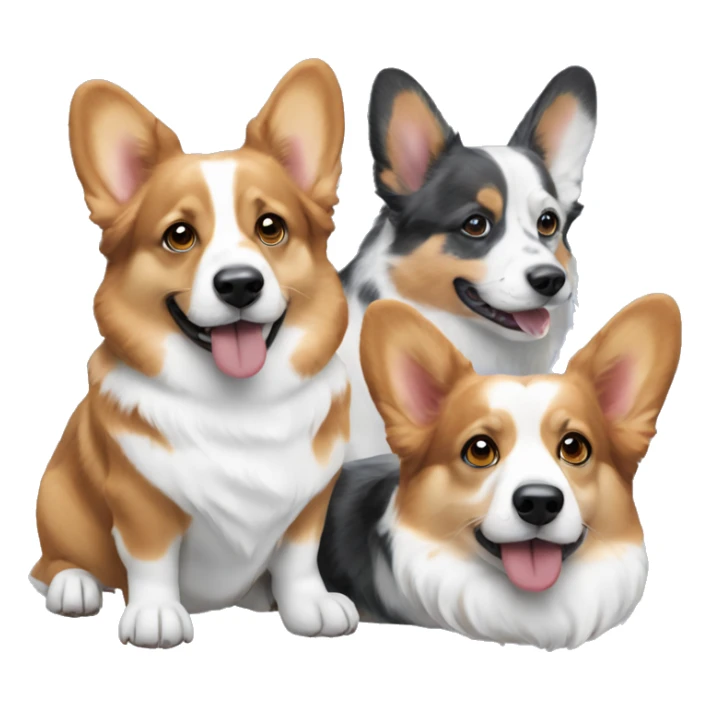 Three corgis. One is a red headed tri, one is a black headed tri, and one is a blue Merle with blue eyes sticker