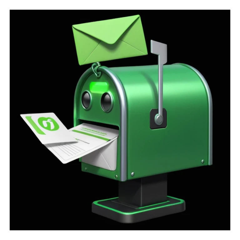 green mailbox robot, slightly smaller object in the center, black background, glowing green details, white envelope with code inside, modern tech aesthetic

 sticker