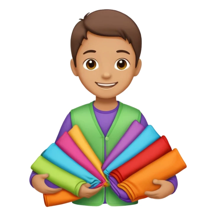 child folding colorful clothes, smiling, organized sticker
