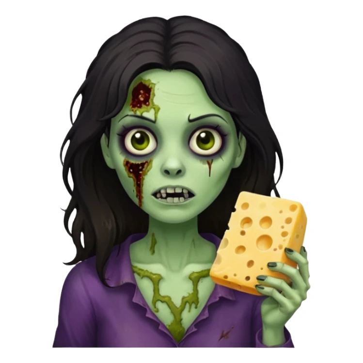dark haired woman zombie holding moldy cheese piece sticker