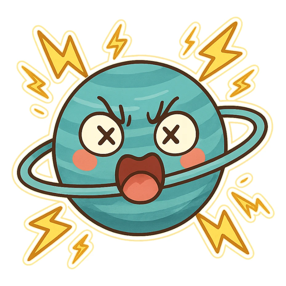 Uranus emoji with a face, blue-green planet, lightning bolts around it, wild and chaotic expression, representing unpredictability and transformation sticker