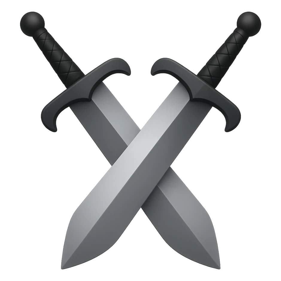 Create dual swords similar to the reference image but with black and grayish colors. The swords should be pointing upward and be wider. Add a subtle gradient to the blades. The style should emulate emoji style with concise details. sticker