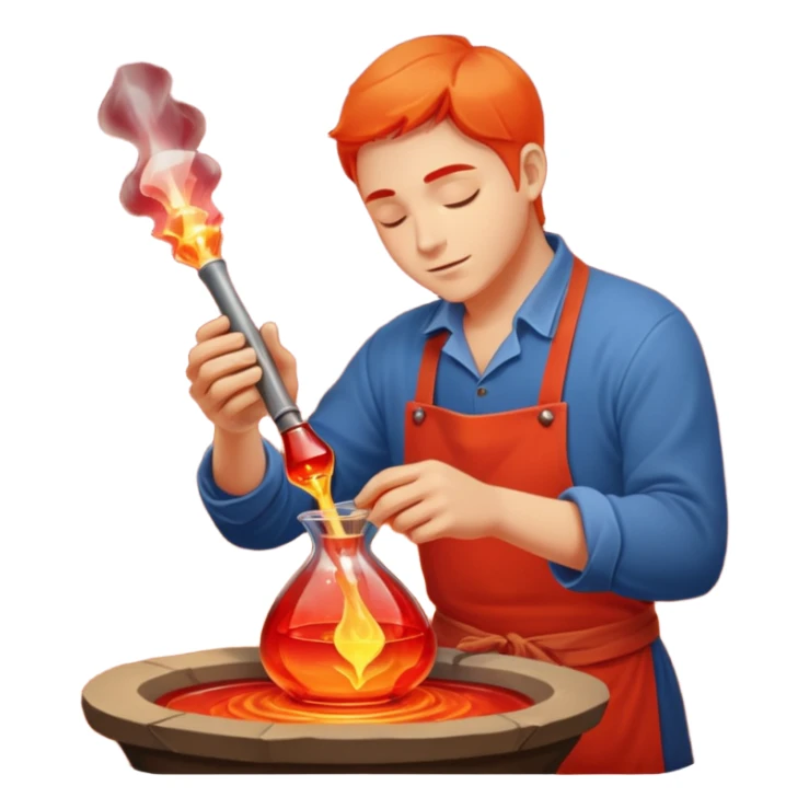 Glassblowing and casting icon, artisan shaping molten glass with a blowpipe, glass being poured into a mold, glowing red-hot glass, delicate patterns, minimalistic style, clean lines, transparent background. sticker