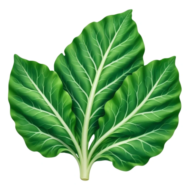 single chard leaf with broad vibrant green blades and thick white rib running down the center, slightly crinkled matte texture, natural curves, visible veins, no bunch soil or extras, soft lighting, subtle shadows, emoji scale sticker