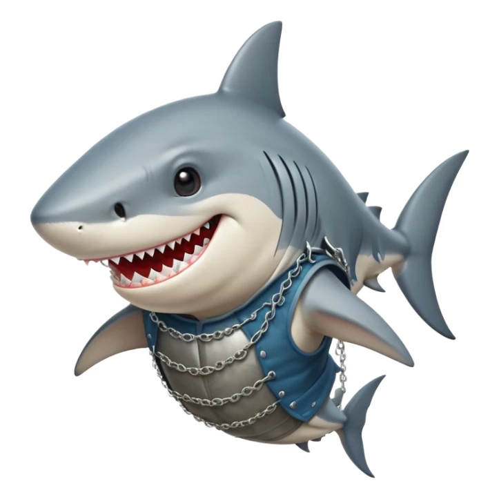 Anthropomorphic shark without head fins, wearing a gambeson and chainmail coif with messy black hair smiling sticker