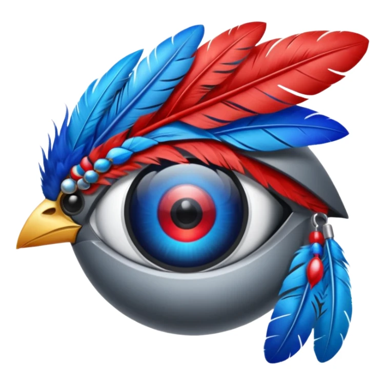 grey eye piece with red and blue feathers sticker
