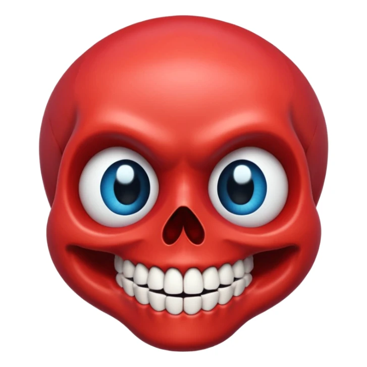 “A bright red cartoon skull with a smooth shiny surface, large round blue eyes with white outlines, a wide exaggerated smile showing big detailed teeth, simple black nose cavity, clean symmetrical face shape, centered on a plain light background, HD, sharp, vibrant, no distortion.” sticker