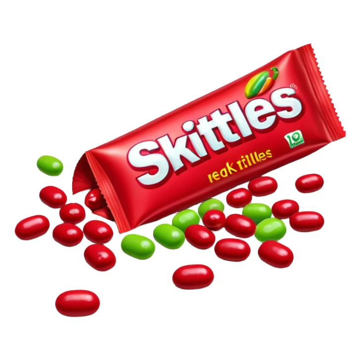 Red Skittles package with logo, the original red Skittles pack design, with only green Skittles candies spilling out sticker
