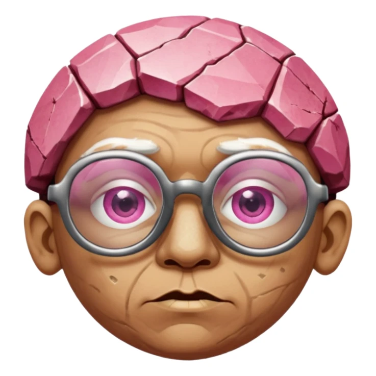 A single pinkfaceted rock head, chunky and worn, with very visible big cracks and chipped facets but still shiny, big glasses sticker