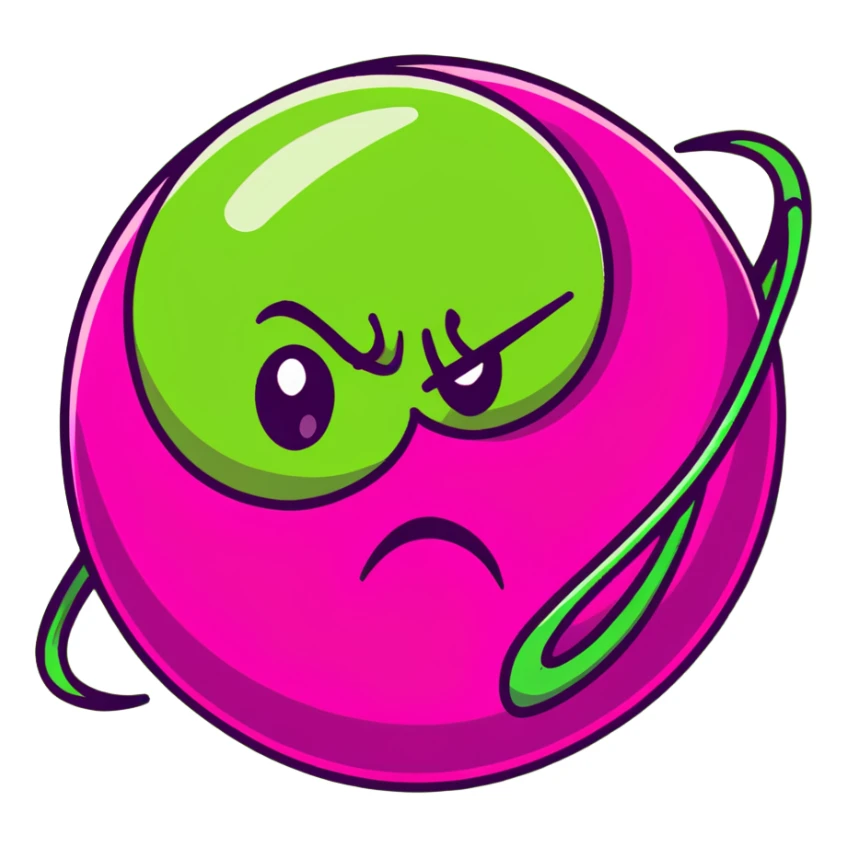 magenta pink planet with swirls and an angry scowling face sticker