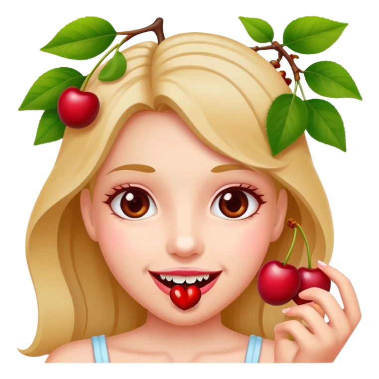 Girl holding cherry vine in between teeth with pink cherries at the end  sticker
