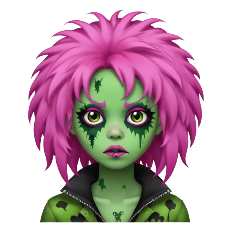 girl, green zombie,pink afro, long, emo, shaggy, dark, spooky,creepy expression sticker