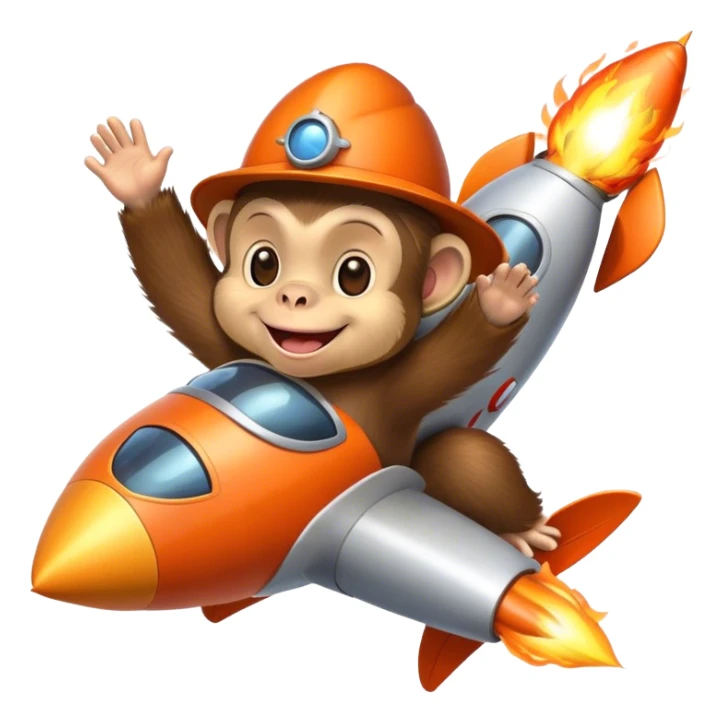happy monkye in a hat flying in a rocket with fire sticker