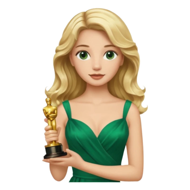 blonde model, brown eyes, long wavy hair, oscars red carpet, emerald green, holding oscar sticker