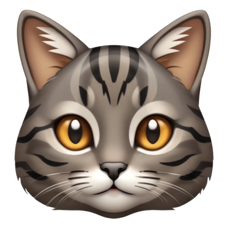 cinematic-cute-grey-and-black-brown-tabby-cat-portrait-emoji,-head-tilted-playfully-and-inquisitively,-sleek-grey-brown-fur-with-bold-black-tabby-stripes-and-a-distinctive-m-shaped-marking-on-the-forehead,-sparkling-amber-eyes,-simplified sticker