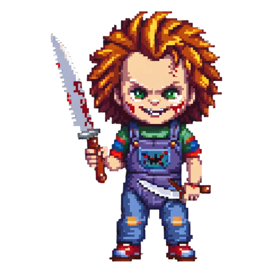 Chucky with wild hair, evil grin, holding a bloody knife sticker