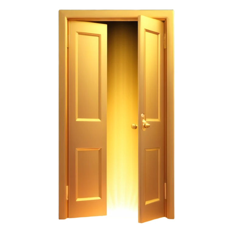 3D emoji style, golden door in darkness, slightly open with a blinding, thick white light beam and glowing haze coming through. Very dramatic lighting. No background. sticker