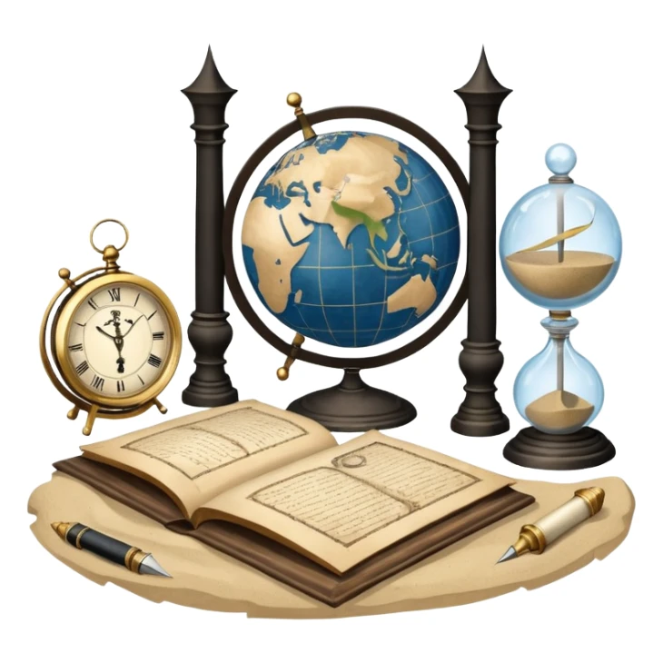 An icon featuring ancient scrolls, a quill pen, and large, old-fashioned sand clocks, symbolizing the study of history. The design includes a globe and a timeline with significant historical events, set against ruins to evoke past civilizations. Transparent background highlights the passage of time. sticker