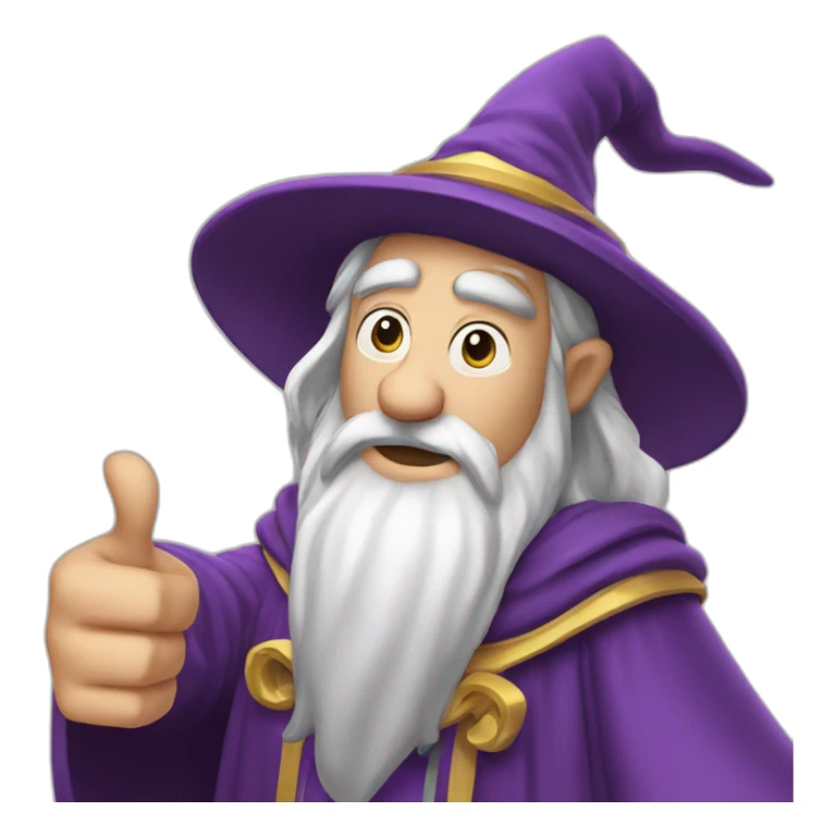 selfie wizard style of Merlin, with thumbs up sticker