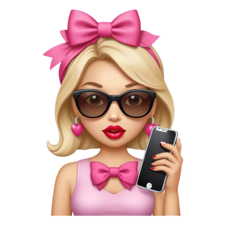 Girl with huge lips, sunglasses, bow on her hair, holding a phone with attitude sticker