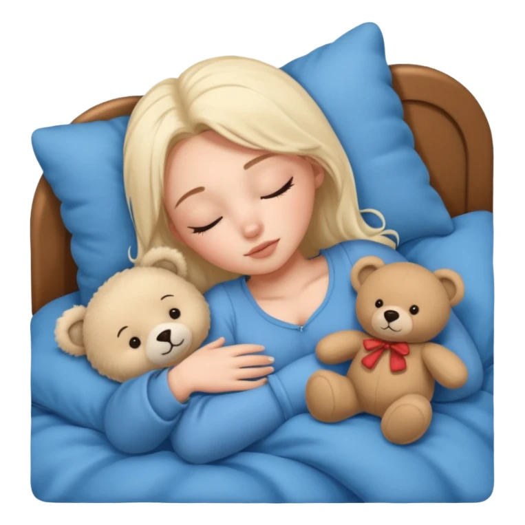 single-girl-in-Warm Cream-cozy-blue-bed-sleeping-pretty-eyelashes-light-skin-with toy sticker