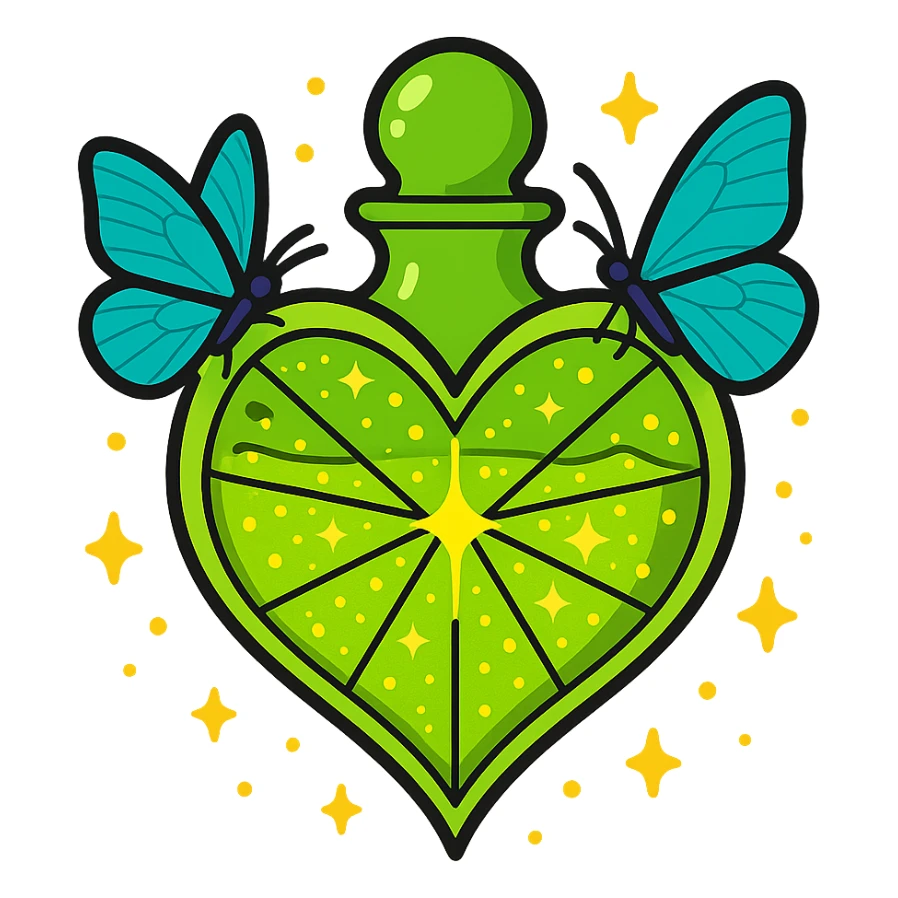 Make the inside of the bottle appear filled with a beautiful, glowing, glittery neon green liquid. The liquid should look magical and luxurious, with sparkling glitter and a glowing effect. Keep the two butterflies, magical dust, and transparent background. sticker