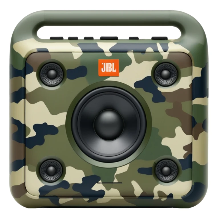 Minimalist JBL Go Clip 4 speaker with simple camouflage pattern, clean lines, iOS emoji style sticker