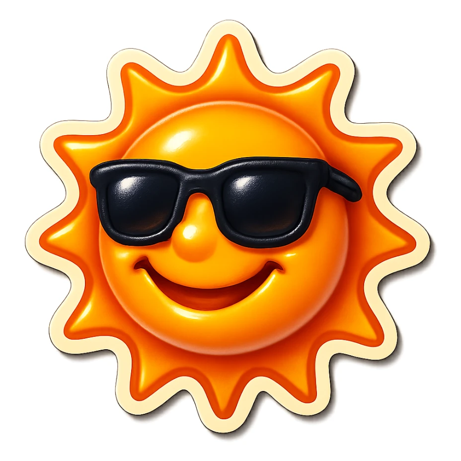 a smiling sun with sunglasses, retro sticker style sticker