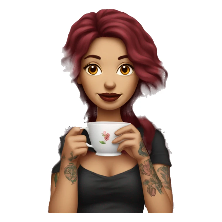 Beautiful tattooed  burgundy long haired woman sipping tea sticker