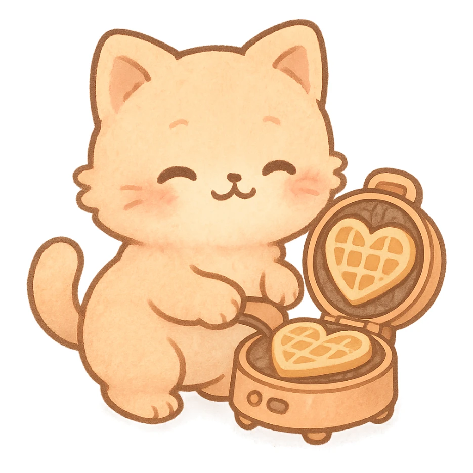waffle maker cat, chibi style, soft fluffy, showing heart-shaped waffles, pastel orange, full-body sticker