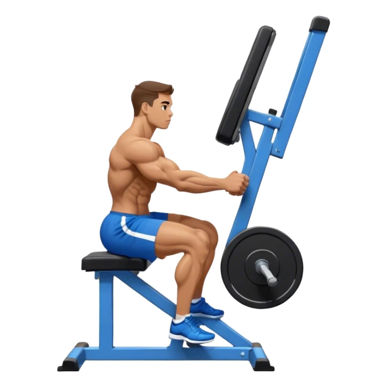 side-view bodybuilder in blue shorts seated weighted calf-raise machine on his tip toes sticker