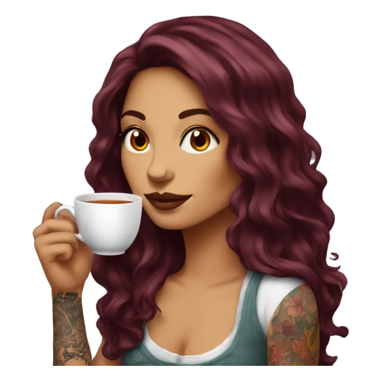 Beautiful tattooed  burgundy long haired woman sipping tea sticker