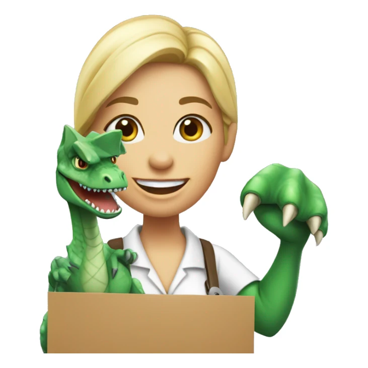 Female Dinosaur realtor holding a for sale sign sticker