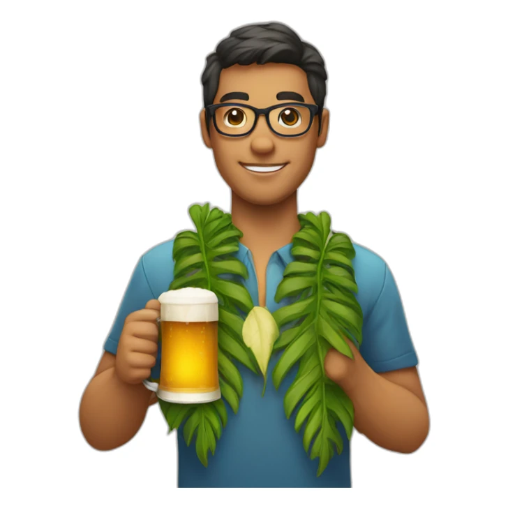 person wearing glasses alohashirt is holding beer sticker