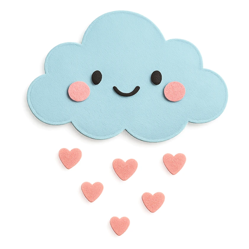 adorable pastel small fluffy cloud, raining tiny pink hearts, no arms or legs, full body, kawaii paper craft style sticker