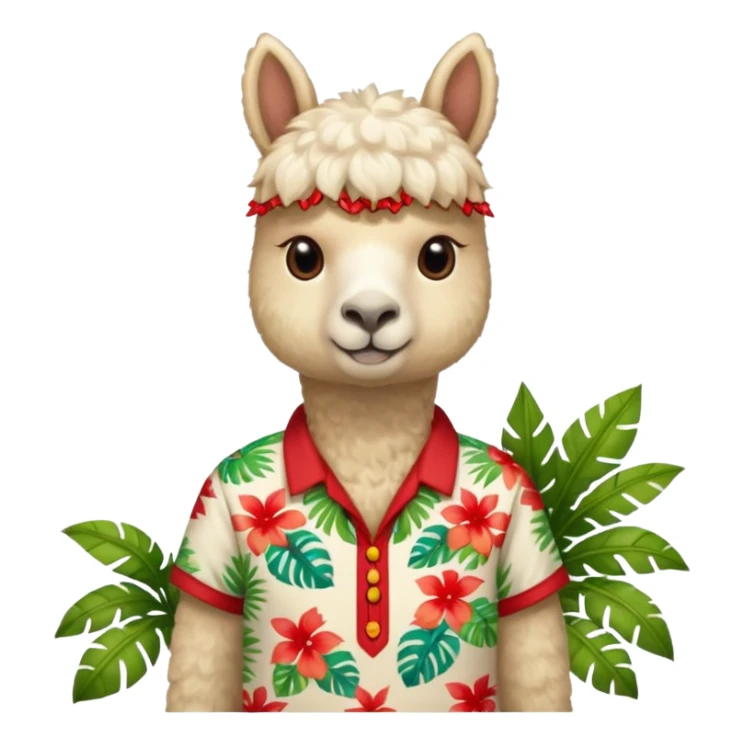 White alpaca wearing tropical shirt and red name tag  sticker