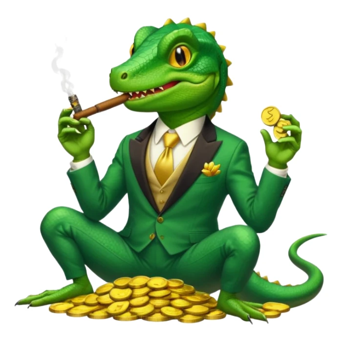 cunning capitalist lizard in a suit holding a cigar, sitting on a pile of gold coins, apple emoji style, no text sticker