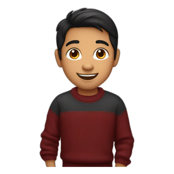 smiling and pointing north indian kid with chubby cheeks black hair wearing a dark red sweater sticker