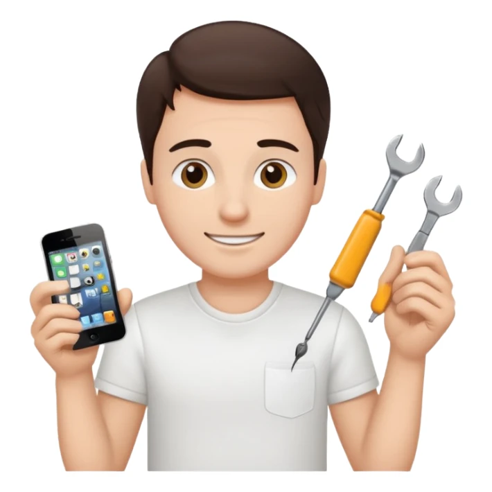 make a white guy with dark brown hair, with a simple white o grey shirt, repairing an iphone happy, tecnician with small tools sticker