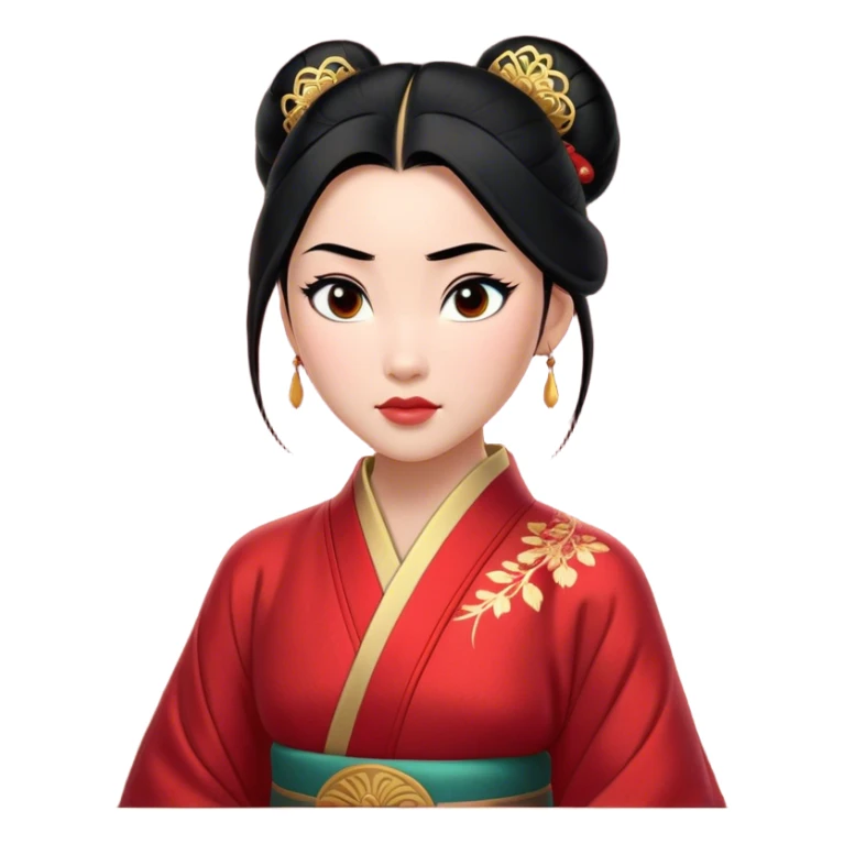 Cinematic Realistic Majestic Mulan Portrait, featuring finely rendered light skin with natural luminescence and expressive, determined eyes. Her black hair is styled with care into an elegant bun, and every fold of her traditional robe—adorned with subtle red motifs and refined gold trim—is depicted with intricate fabric detail. The scene is bathed in soft, natural light that enhances the depth and authenticity of the image, conveying a noble and serene aura that embodies timeless elegance and inner fortitude. sticker