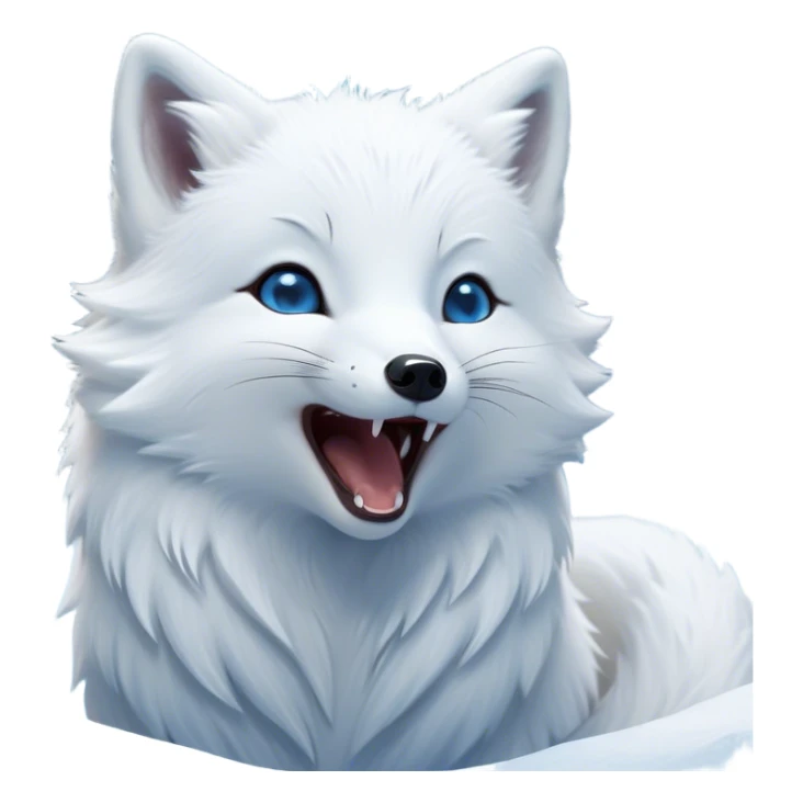 Cinematic Cute Yawning Arctic Fox Portrait Emoji, Head tilted slightly with a dramatic, wide-open yawn, showcasing a soft, downy white Fur with subtle icy blue accents and gently drooping ears, round eyes barely open in drowsy contentment, Simplified yet irresistibly adorable features, highly detailed, glowing with a soft, cozy glow, high shine, relaxed yet expressive, stylized with a touch of arctic whimsy, bright and endearing, soft glowing outline, capturing the essence of a sleepy yet affectionate arctic fox, so drowsy it feels like it could stretch out of the screen and curl up for a nap! sticker