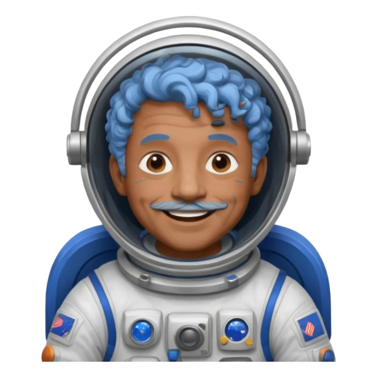 old man, brown skin astronaut with curly blue hair, smile sticker
