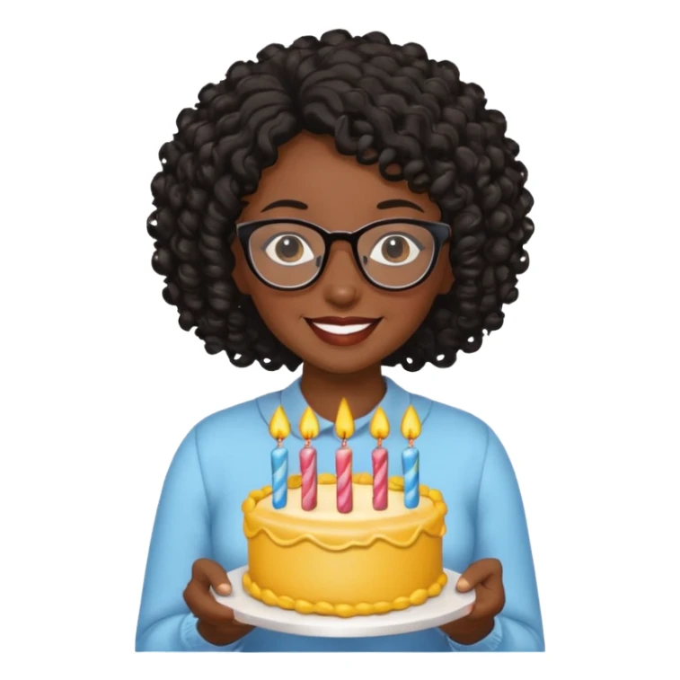 A Black woman with curly black hair and glasses holding a birthday cake sticker