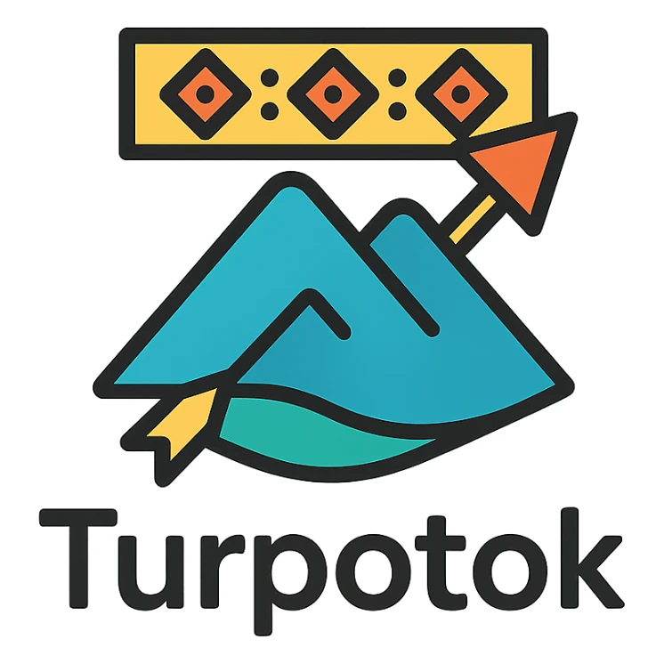 Colorful minimalist logo for Turpotok with a Kurai arrow, Ural Mountains, and Bashkir ornamentation. Text 'Turpotok' in a modern sans-serif font sticker