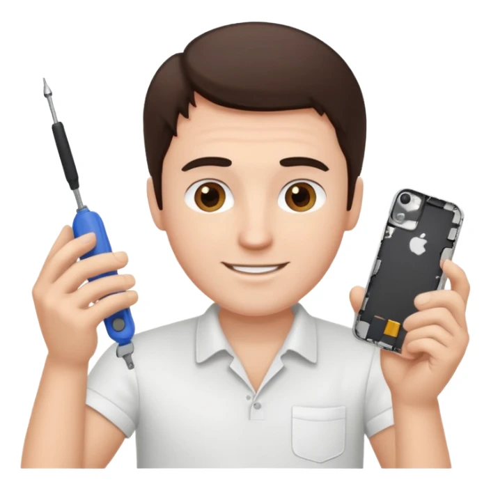 make a white guy with dark brown hair, with a simple white o grey shirt, repairing an iphone happy, tecnician with small tools for phone sticker