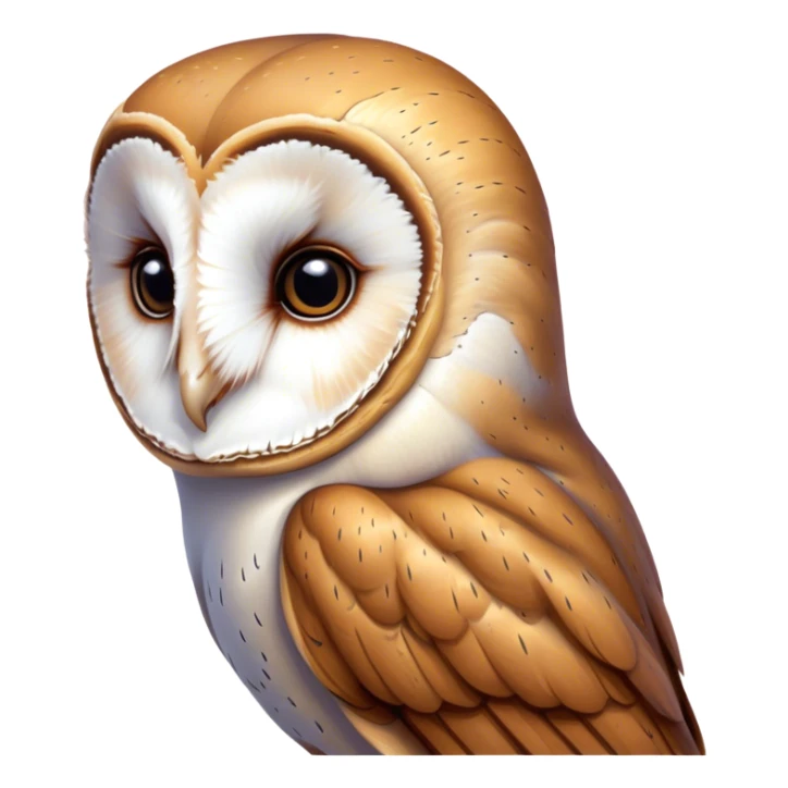 Cinematic Deep Thought Barn Owl Portrait Emoji, Head held high with a serene, contemplative gaze, showcasing its beautifully patterned plumage of white and brown, with eyes deeply focused as if pondering ancient secrets, Simplified yet majestically refined features, highly detailed, glowing with a soft, introspective light, high shine, poised and pensive, stylized with an air of profound wisdom, capturing the essence of an owl immersed in deep thought, so thoughtful it feels like it could silently whisper timeless wisdom from beyond the screen! sticker