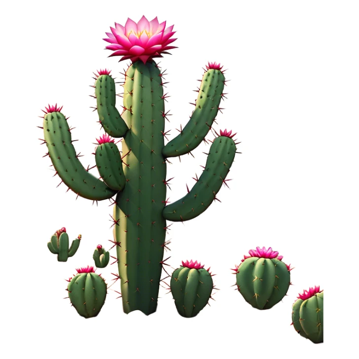 Cinematic Realistic Cactus Emoji, Tall and spiny, with thick, rounded stems covered in sharp spines. Bright flowers bloom at the tips of some branches, adding a pop of color against the desert backdrop. Soft glowing outline, capturing the essence of strength, survival, and desert beauty in a striking cactus! sticker